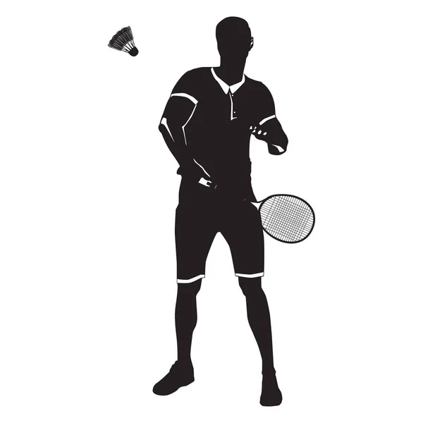 Badminton player com raquete e vaivém, silhueta preta, ilustração vetorial — Vetor de Stock