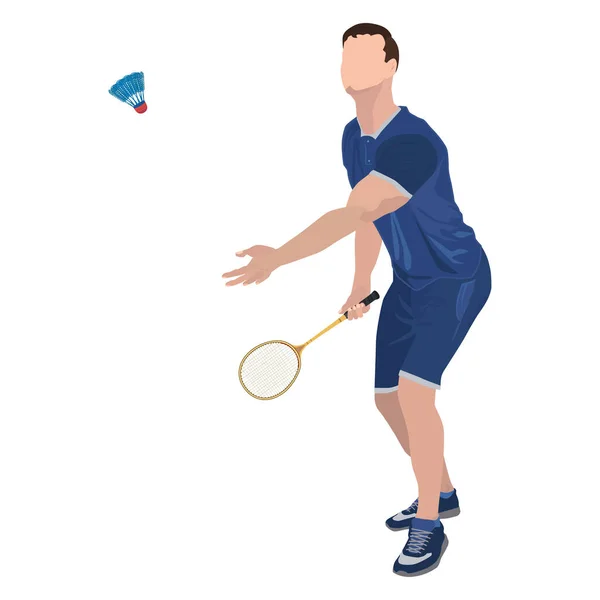 Jugador de bádminton con raqueta y volante, ilustración aislada vector — Vector de stock