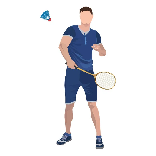 Joueur de badminton avec raquette et volant, illustration vectorielle isolée — Image vectorielle