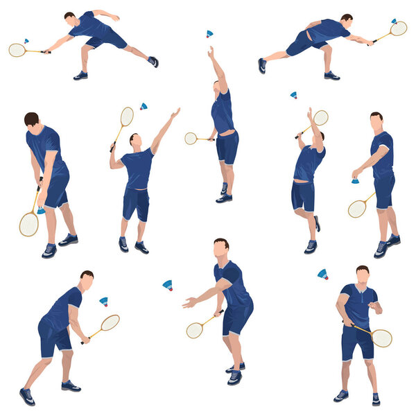 Badminton player with racket and shuttlecock set, vector flat isolated illustration