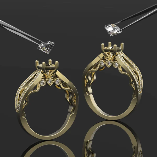 Vintage 3d złote pierścienie, diamenty w pinceta — Zdjęcie stockowe
