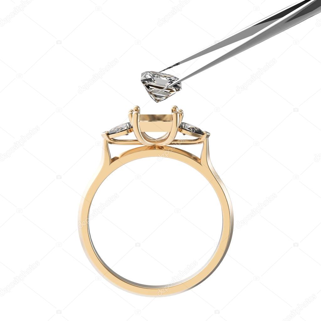 Vintage 3d golden ring, a diamond in tweezers