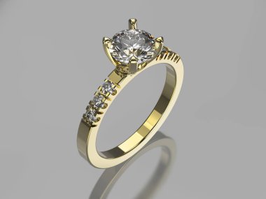 3D çizim altın yüzük elmas üzerinde gri bir arka plan ile