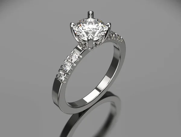 Ilustración 3D anillo de oro plateado con diamantes sobre fondo gris — Foto de Stock