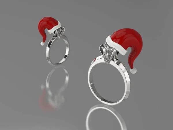 3D-Abbildung zwei silberne Ringe mit einem Diamanten mit Weihnachtsmann-Hut auf grauem Hintergrund — Stockfoto
