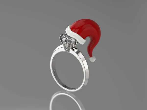 3D απεικόνιση ασημένιο δαχτυλίδι με διαμάντι με καπέλο Αϊ-Βασίλη σε ένα γκρίζο φόντο — Φωτογραφία Αρχείου