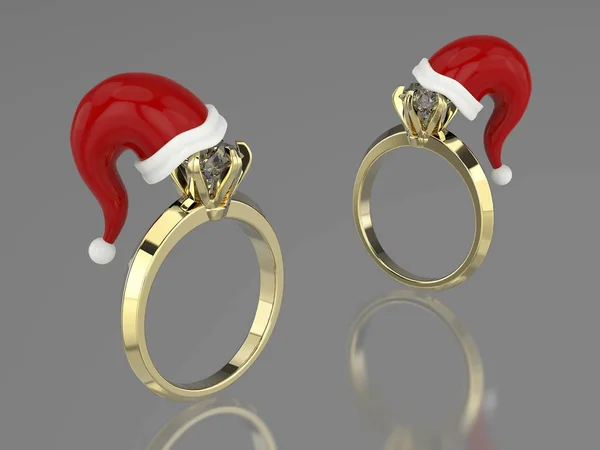 3D illustration two gold rings with a diamond with Santa Claus hat on a gray background — Stock Photo, Image