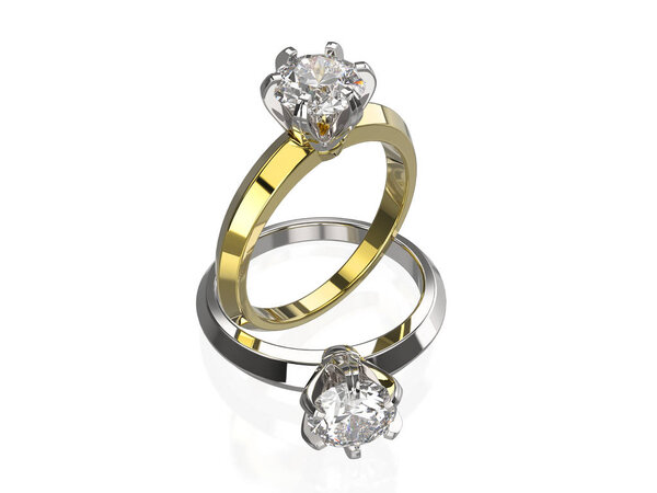 3D illustration two silver and gold rings with diamonds on a white background
