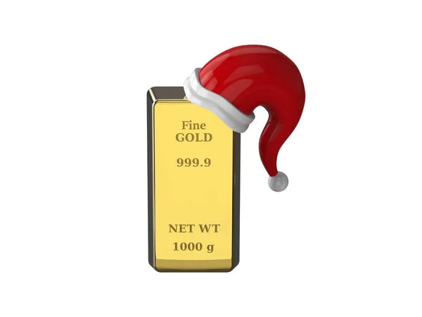 3D illustration gold bullion, gold bar with Santa Claus hat on a white background — Stock Photo, Image