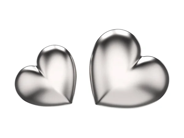 Ilustração 3D dois corações de prata dourada em um fundo branco — Fotografia de Stock