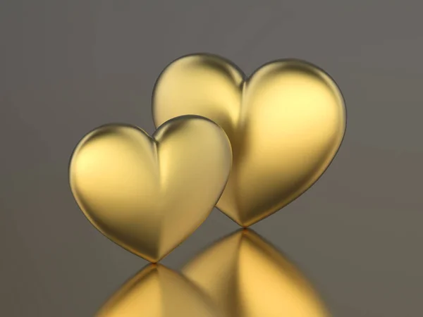 3D illustratie twee gouden hartjes op een grijze achtergrond — Stockfoto