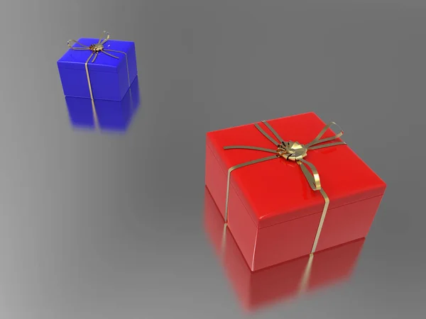 Ilustração 3D dois presentes vermelhos azuis — Fotografia de Stock
