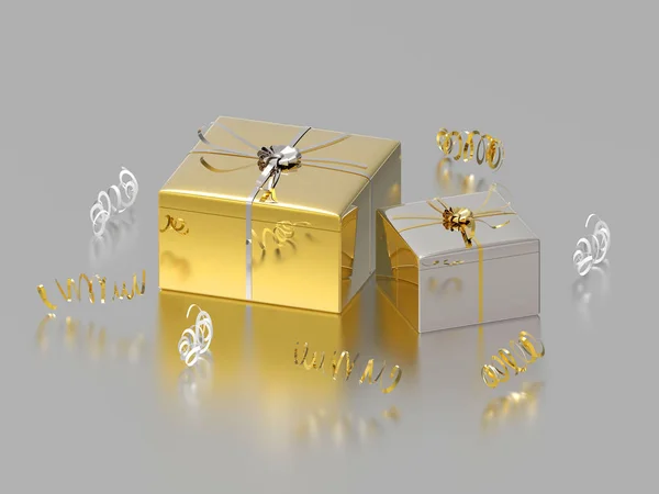 3D illustratie twee goud zilver geschenken en confetti — Stockfoto