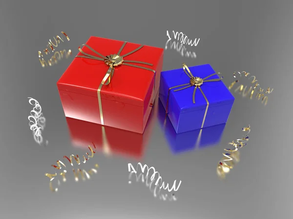 3D απεικόνιση δύο μπλε κόκκινο δώρα και κομφετί — Φωτογραφία Αρχείου