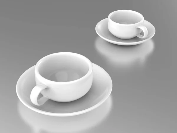 3D illustration two white cups and saucers — Stock Photo, Image