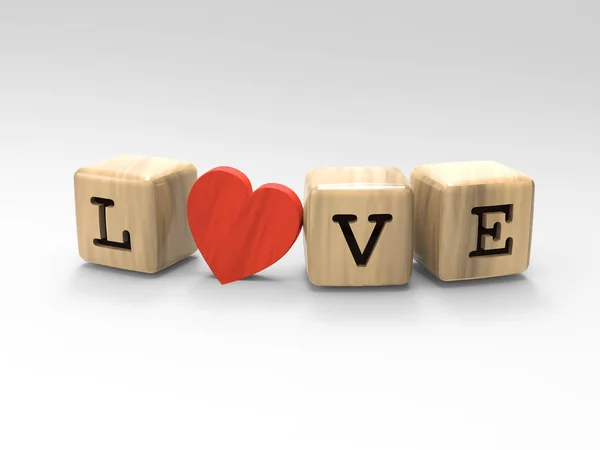 3D obrázek dřevěné kostky lásky a srdce — Stock fotografie