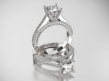 3D resimde iki altın gümüş yüzük elmas ile 