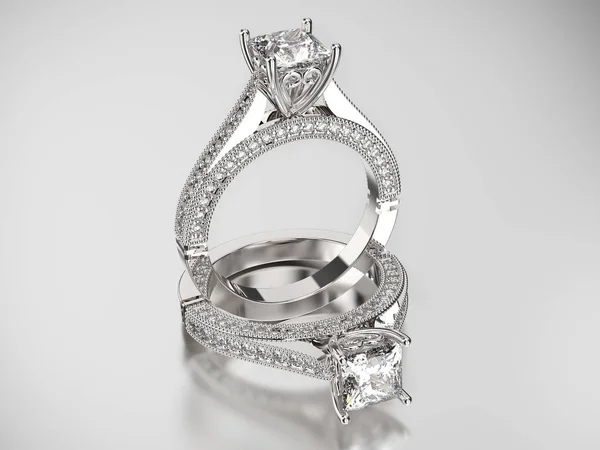 Ilustración 3D dos anillos de plata de oro con diamantes — Foto de Stock