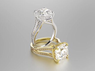 3D resimde iki altın ve gümüş yüzük elmas ile 