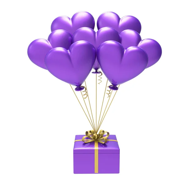 Illustration 3D cadeau violet et coeurs ballons à air — Photo