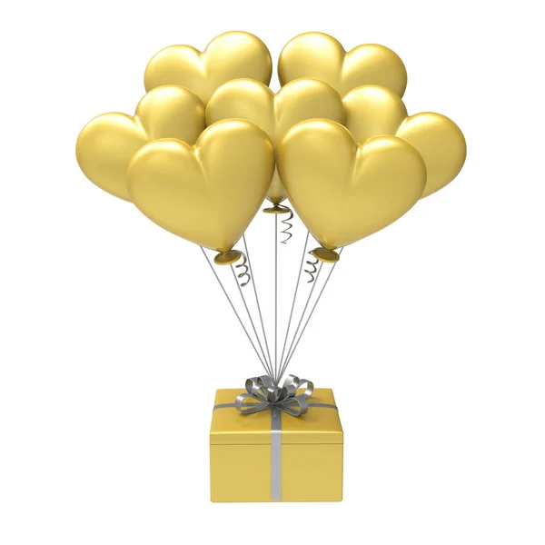 3D illustration gold gift and hearts air balloons — Stock Photo, Image
