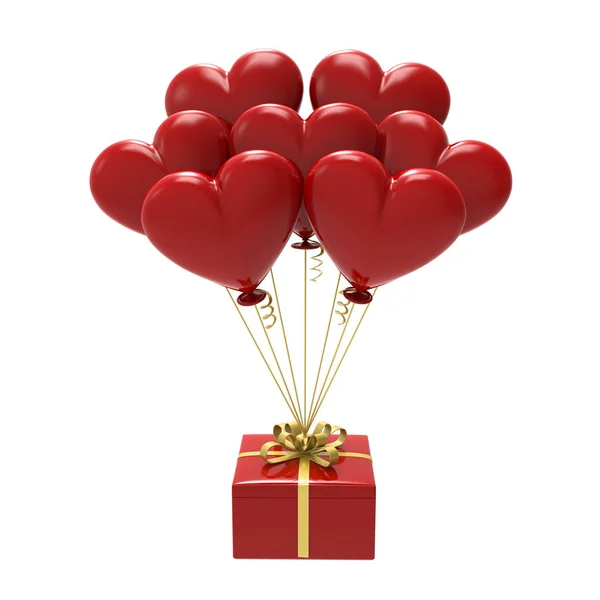 3D απεικόνιση κόκκινο δώρο και καρδιές μπαλόνια αέρα — Φωτογραφία Αρχείου