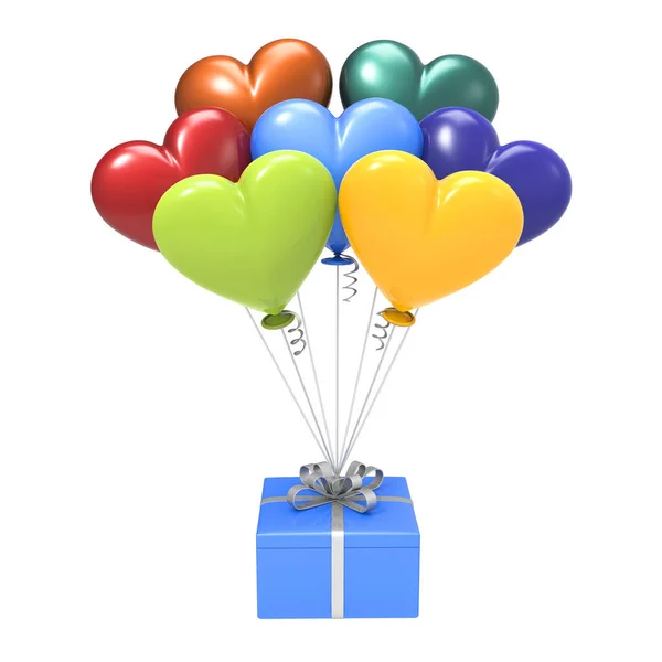 Illustration 3D bleu cadeau et coeurs panachés ballons à air — Photo