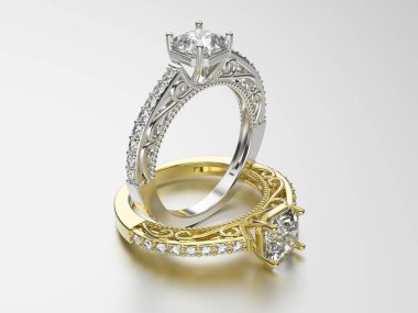 3D resimde iki altın ve gümüş yüzük elmas ile 