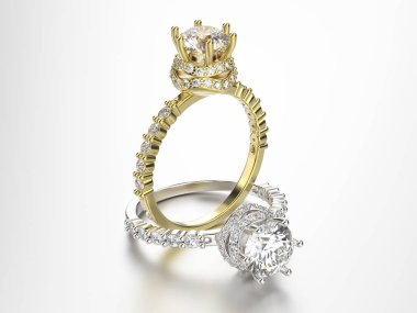 3D resimde iki altın ve gümüş yüzük elmas ile 