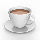3D obrázek bílý šálek s podšálkem s čaj, káva 