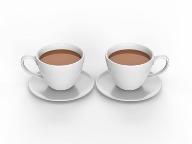 3D resimde iki beyaz bardak ve tabaklar çay kahve ile 