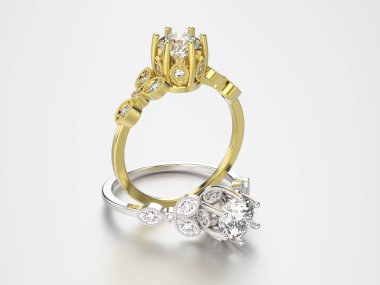 3D resimde iki altın ve gümüş yüzük elmas ile 