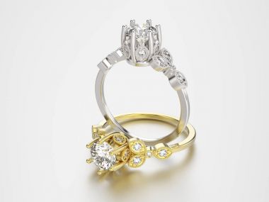 3D resimde iki altın ve gümüş yüzük elmas ile 