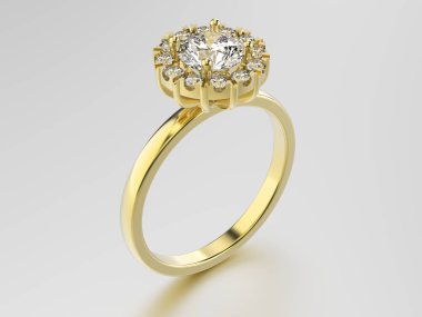 3D çizim altın yüzük elmas üzerinde gri bir arka plan ile