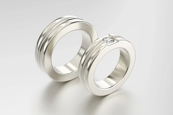 Illustrazione 3D due anelli in argento oro con diamanti — Foto Stock