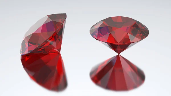 Ilustración 3D dos diamantes rubíes rojos con reflejo — Foto de Stock