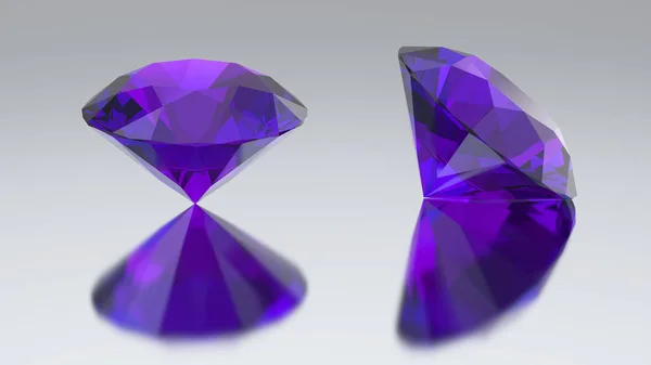 3D illustration two diamond purple tanzanite with reflection — Stock Photo, Image