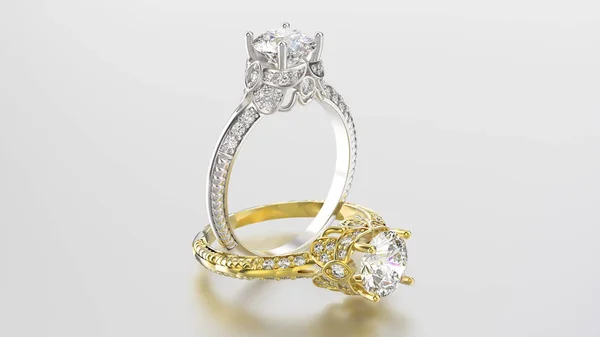 Ilustración 3D dos anillos de oro y plata con diamantes — Foto de Stock