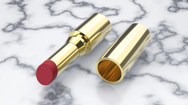 Illustration 3D rouge à lèvres doré sur un marbre — Photo