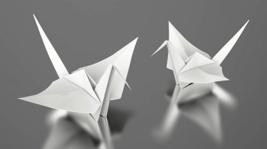 3D resimde iki kağıt beyaz origami kuş 