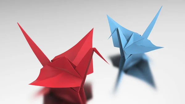 3D illustration två röda och blå origami fågel — Stockfoto