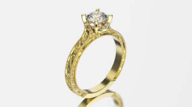 3D çizim altın yüzük elmas ve süsleme 