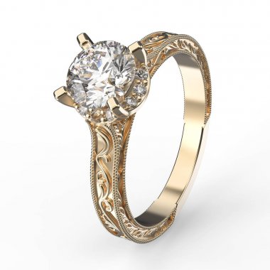 3D çizim altın yüzük elmas ve süsleme ile yükseldi 