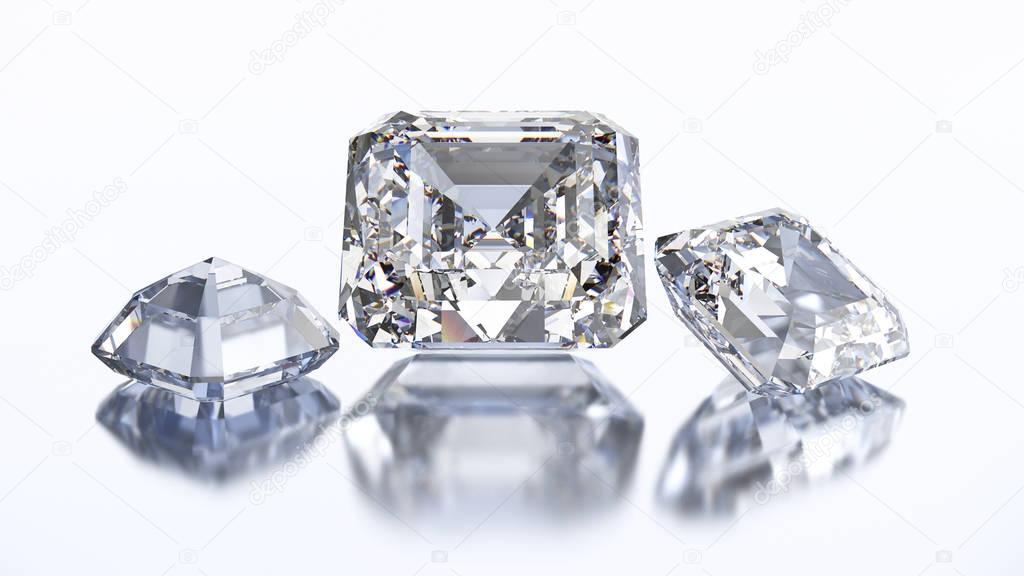 3D illustration three asscher diamond stone 