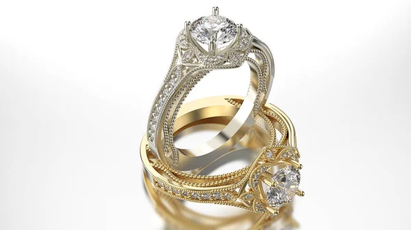 3D ілюстрація два срібних і золотих кільця з діамантами і орна — стокове фото