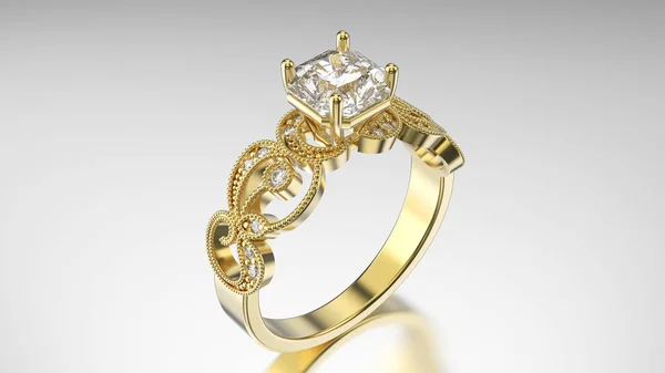 3D ілюстрація Золоте кільце з діамантами та орнаментом — стокове фото