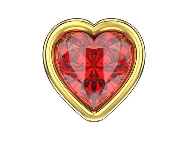 3D ilustrace izolované ruby diamond srdce ve zlatém rámu — Stock fotografie