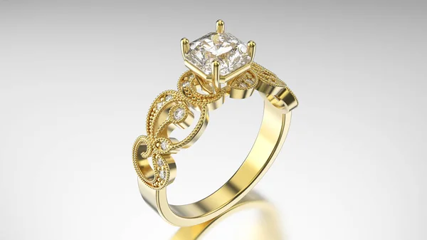 3D çizim altın yüzük elmas ve süsleme — Stok fotoğraf