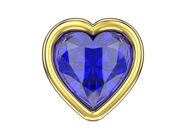 3D απεικόνιση απομονωμένη μπλε ζαφείρι διαμάντι καρδιά σε χρυσό fra — Φωτογραφία Αρχείου