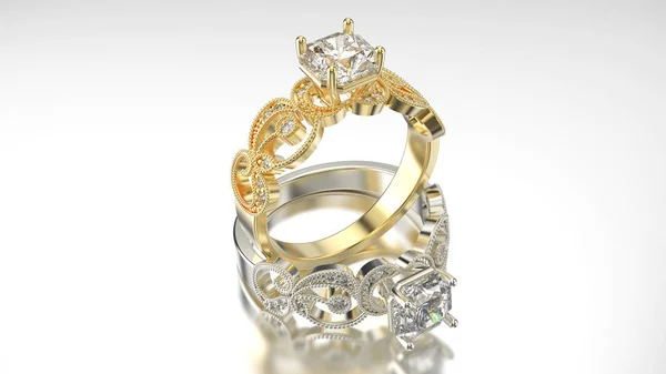 3D ilustracja dwa złota i srebra Pierścionki z diamentami i orna — Zdjęcie stockowe